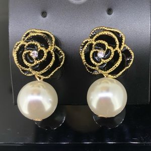 Camellia Flower Enamel Pearl Dangle Earrings